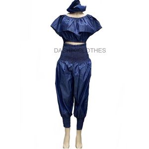 African Denim Jumpsuit With Head Scarf 100% Cotton